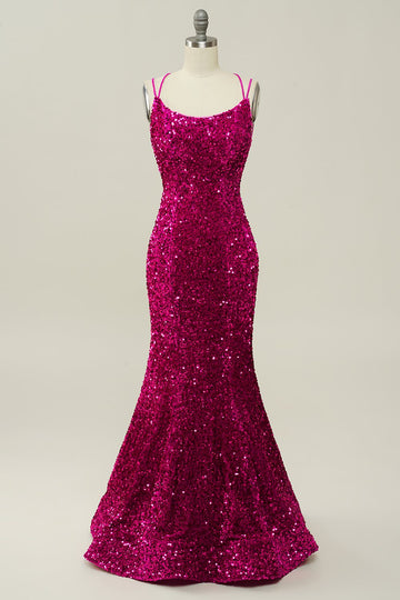 Hot Pink Sequin Spaghetti Straps Mermaid Prom Robe avec dos à lacets